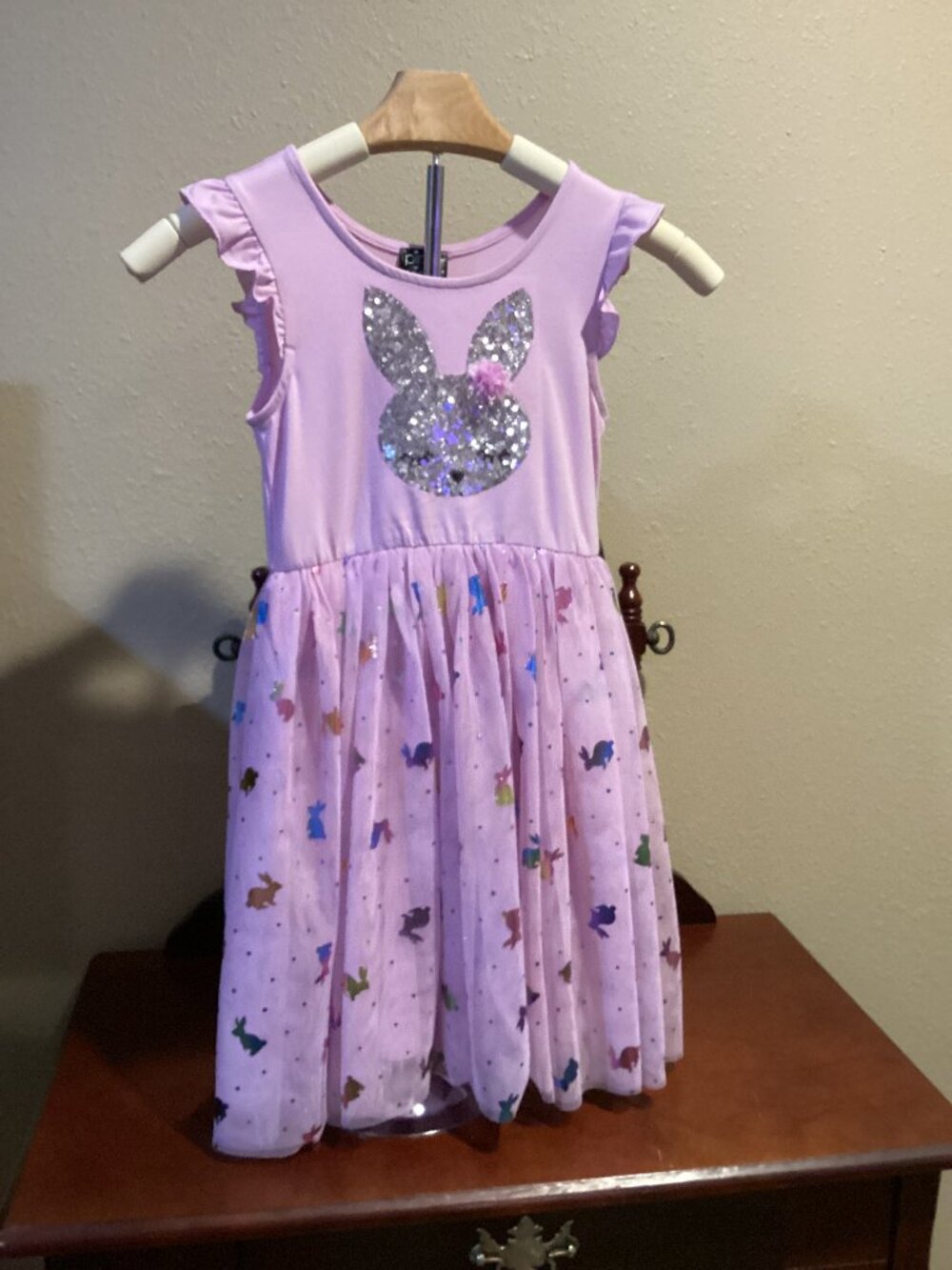 Girls Lavender Sequin Bunny Tulle Dress with Ruffle Sleeves